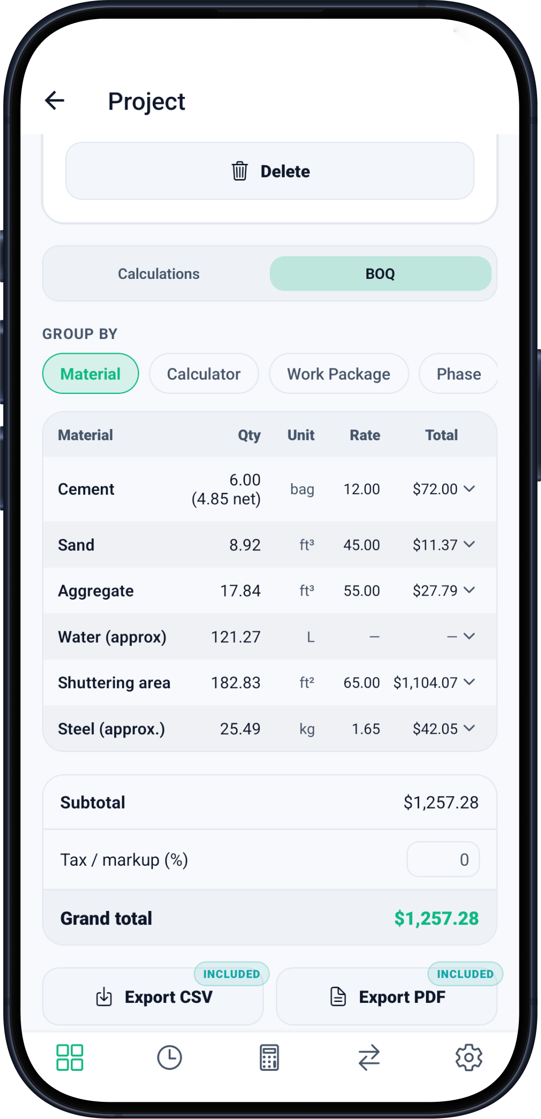Placeholder phone frame for CivilCalc Pro bill of quantities and export actions