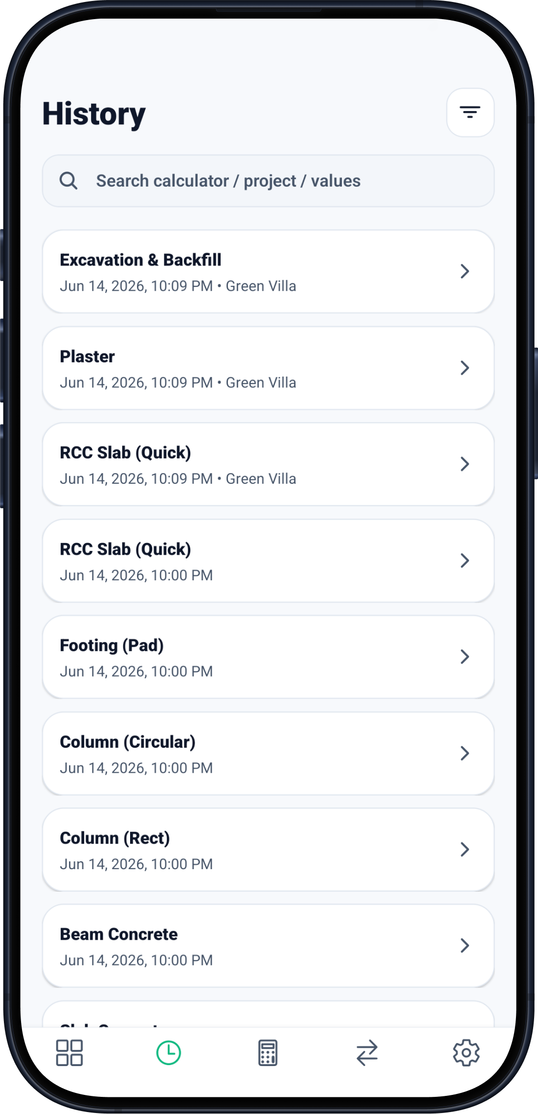 Searchable CivilCalc Pro calculation history