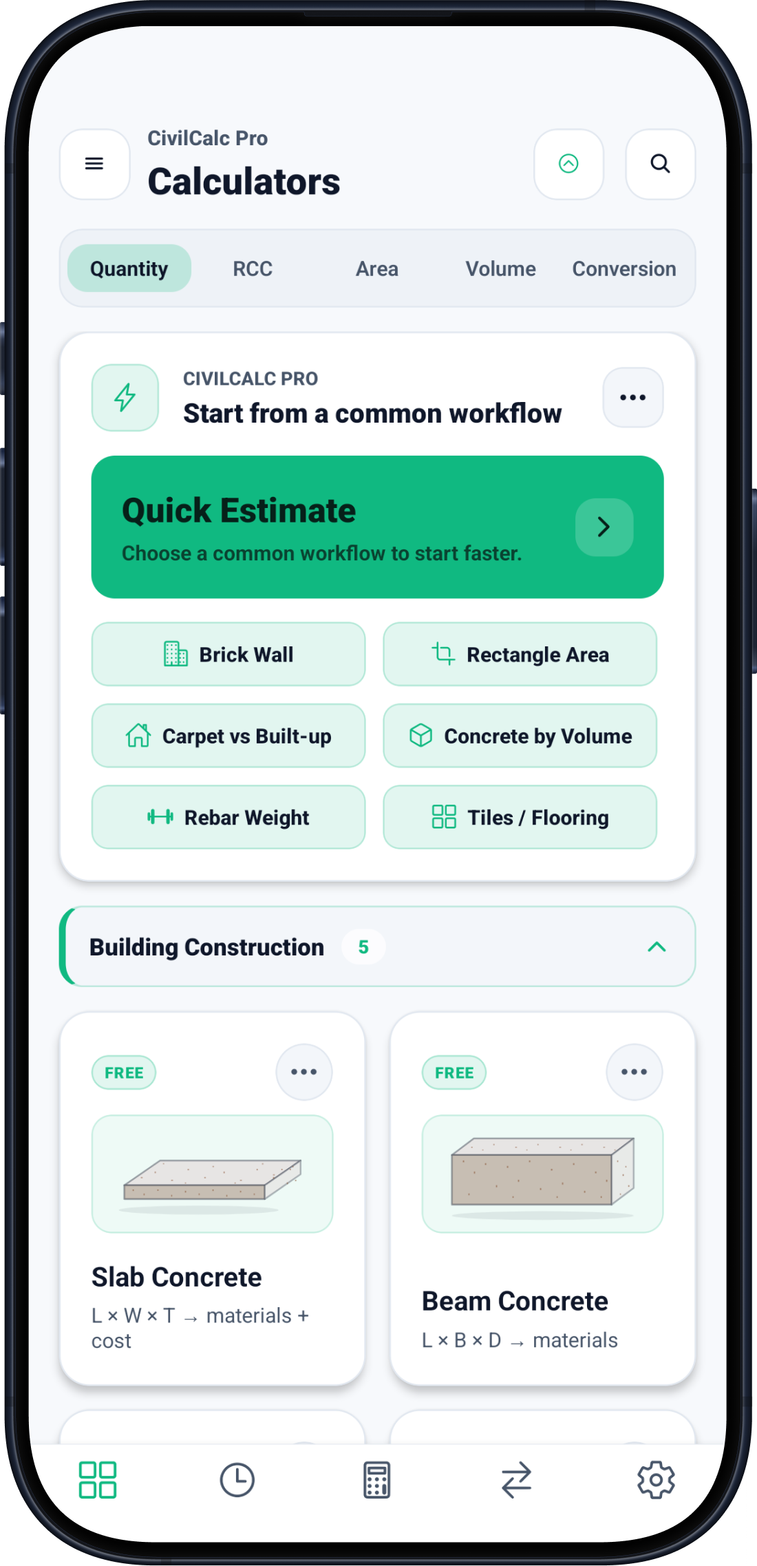 CivilCalc Pro calculator library with Quick Estimate and construction calculator cards